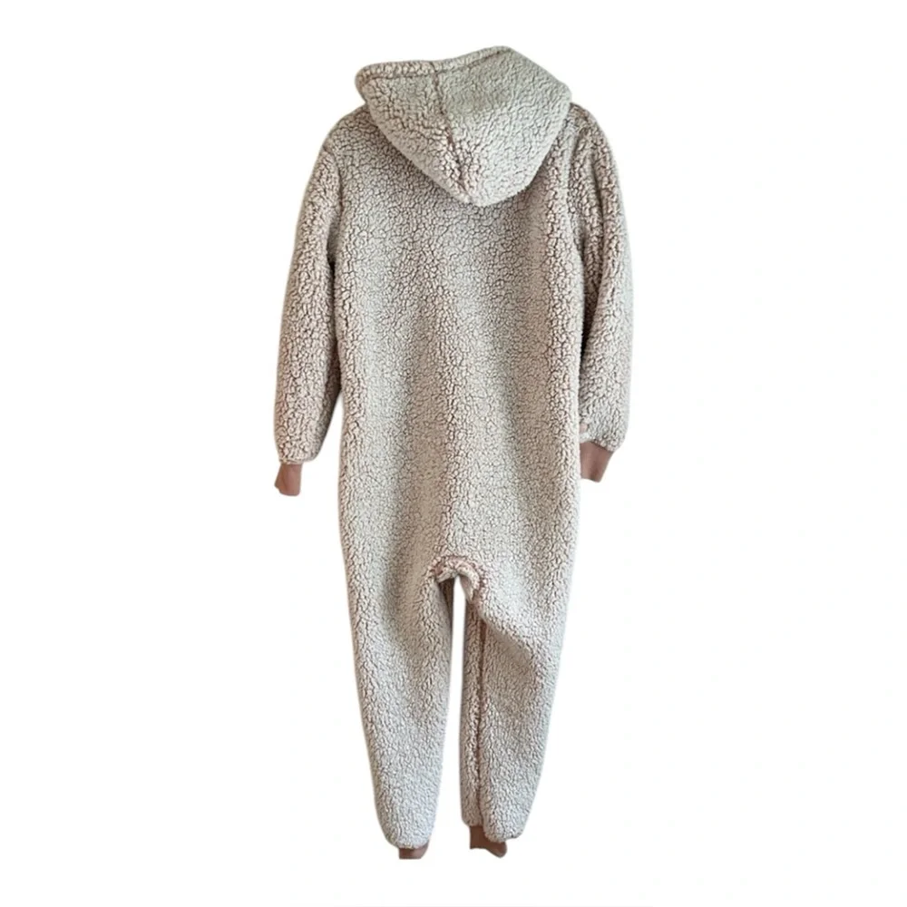 VS Pink Cozy Hooded Sherpa One Piece Pajamas Light Blush Pink Full Zip Cozy Sz L